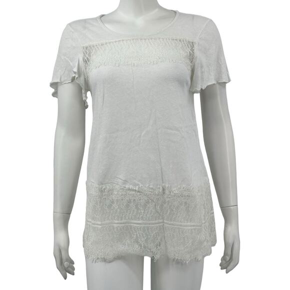 Deletta Anthropologie‎ Top Womens XS Lace Flutter Sleeves White Linen Fairy Boho - Picture 1 of 6